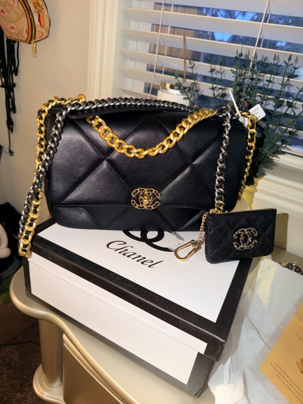New Quilted  Shoulder Bag in Black with Gold & Silver Chain & wallet